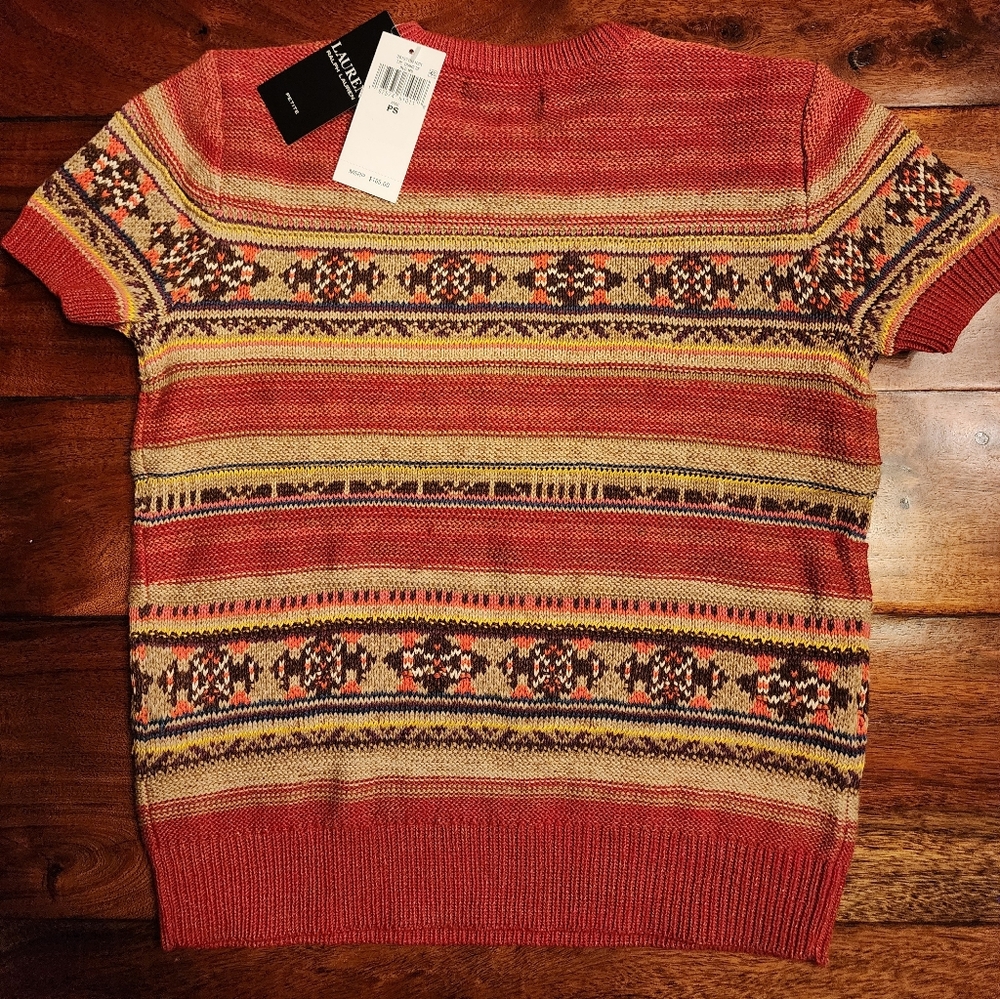 LAUREN RALPH LAUREN Red & Beige Fair Isle Cotton/Linen Blend Sweater Sz PS NWT - Picture 5 of 6
